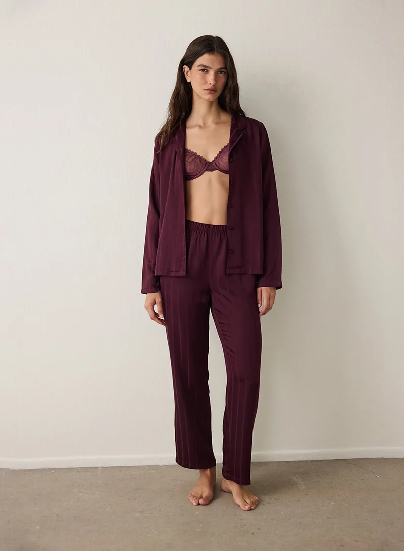 Penti Striped Satin Shirt Collar Pajama Set